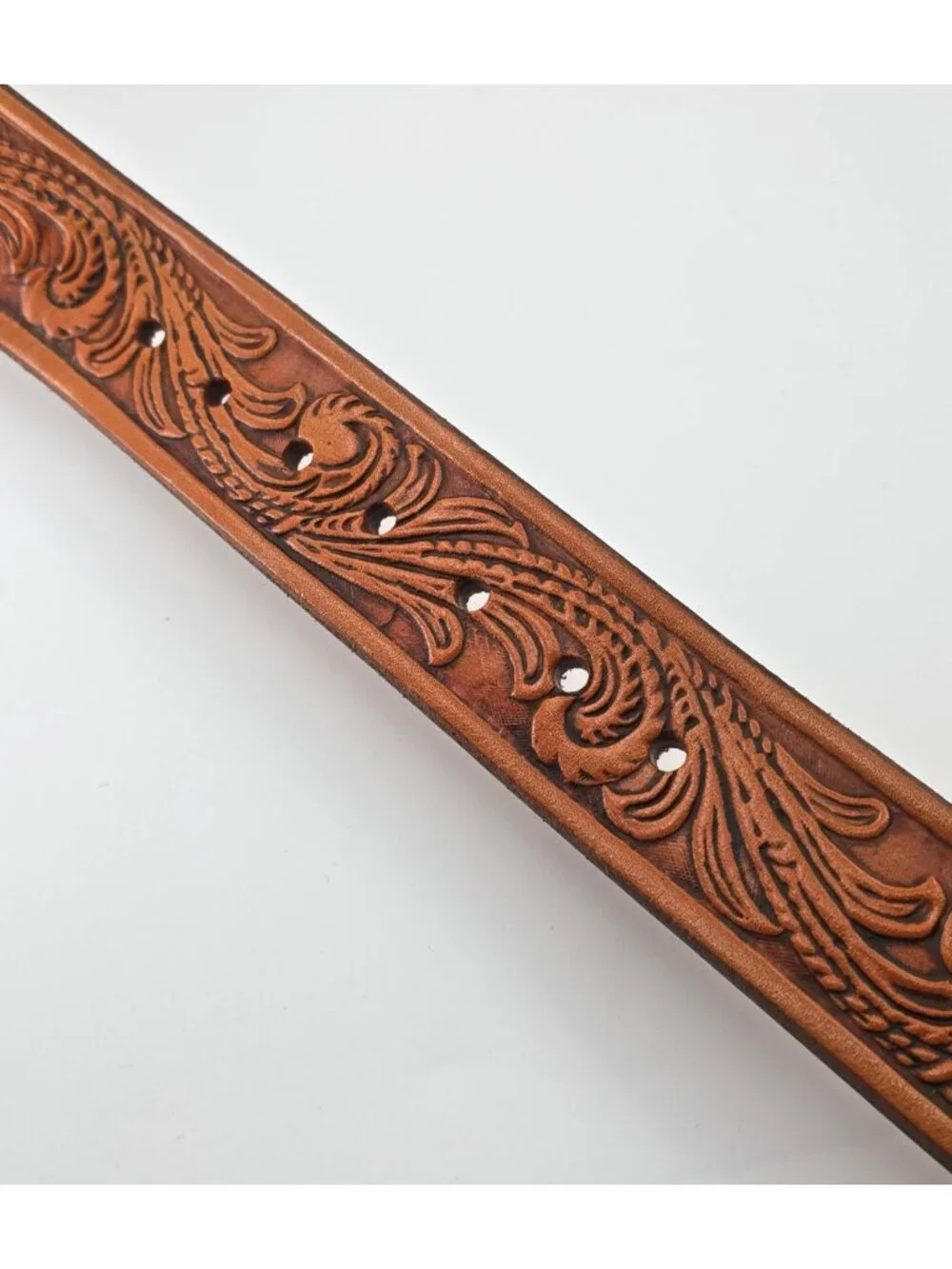 Genuine Tooled Leather Western Belt Engraved Silver Tone Buckle Scroll 42